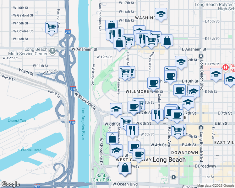 map of restaurants, bars, coffee shops, grocery stores, and more near 743 North Loma Vista Drive in Long Beach