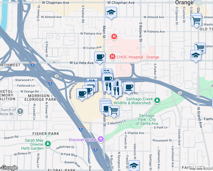 map of restaurants, bars, coffee shops, grocery stores, and more near 745 South Main Street in Orange