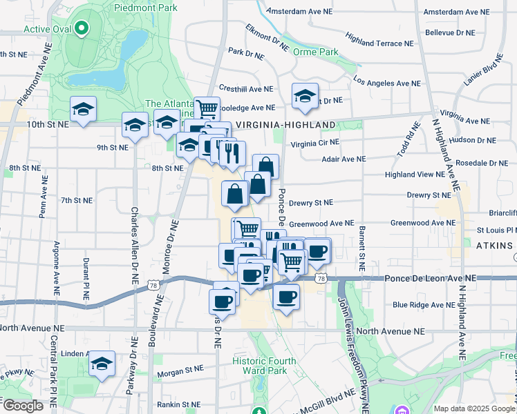 map of restaurants, bars, coffee shops, grocery stores, and more near 805 Highland Green Way Northeast in Atlanta