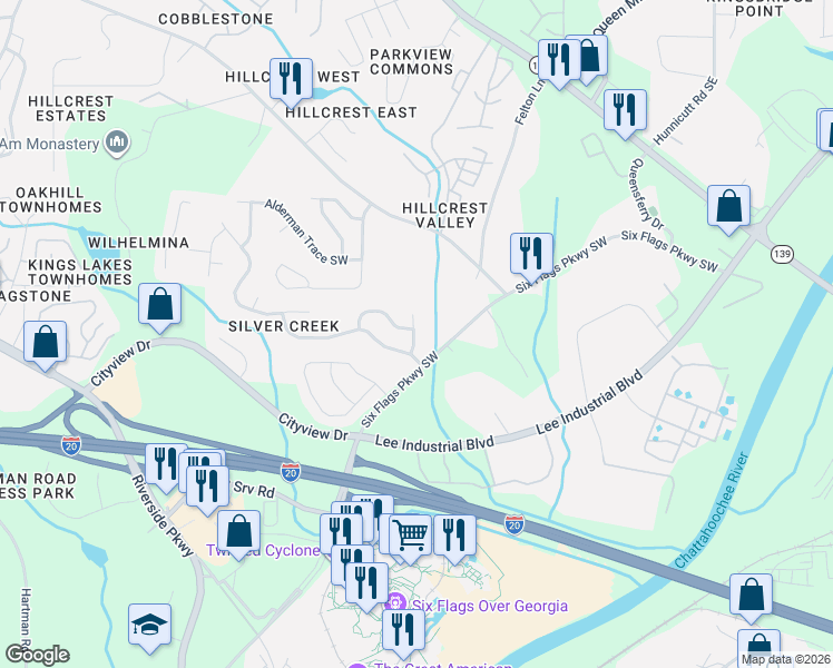 map of restaurants, bars, coffee shops, grocery stores, and more near 7339 Copperbend Court Southeast in Austell