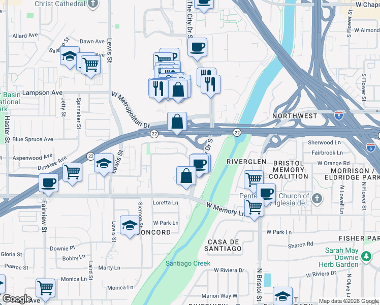 map of restaurants, bars, coffee shops, grocery stores, and more near 3445 West Park Central Avenue in Orange