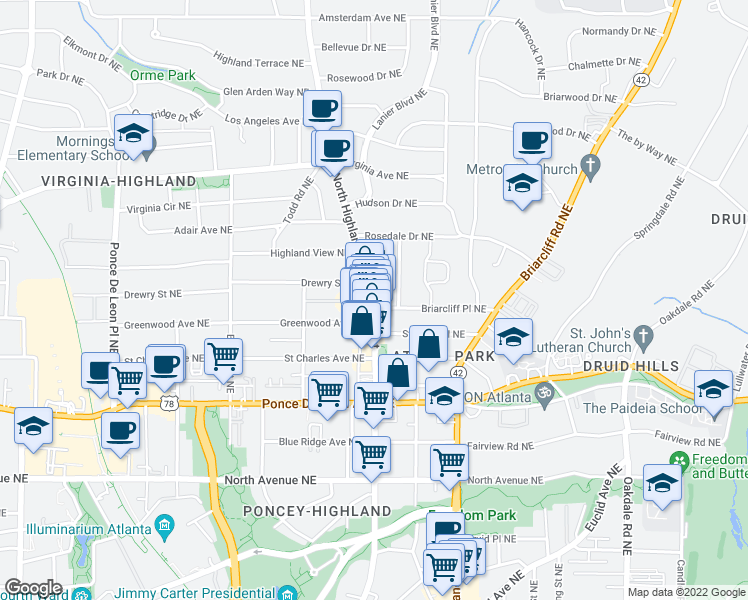 map of restaurants, bars, coffee shops, grocery stores, and more near 855 North Highland Ave NE in Atlanta