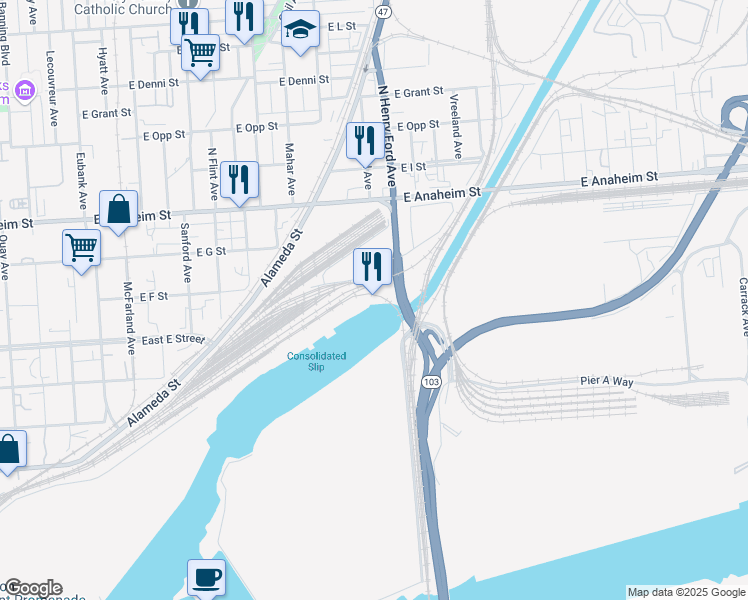 map of restaurants, bars, coffee shops, grocery stores, and more near 611 North Henry Ford Avenue in Los Angeles