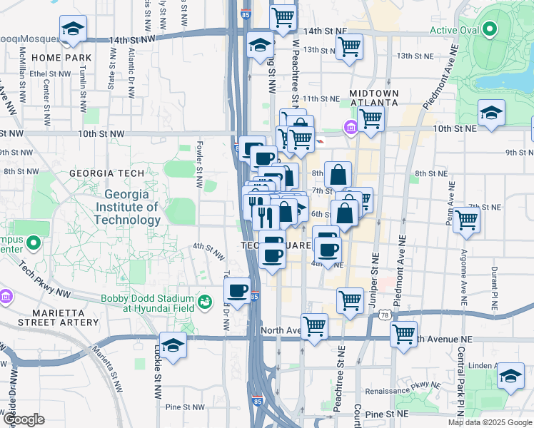 map of restaurants, bars, coffee shops, grocery stores, and more near 75 5th Street Northwest in Atlanta