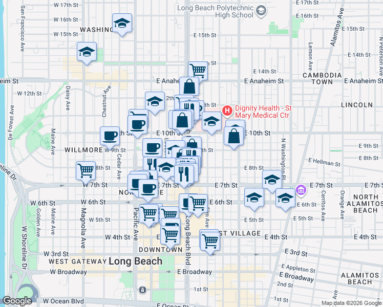 map of restaurants, bars, coffee shops, grocery stores, and more near 4423 Long Beach Boulevard in Long Beach