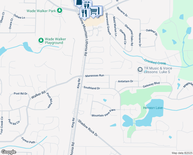 map of restaurants, bars, coffee shops, grocery stores, and more near 5622 Wilderness Trce in Stone Mountain
