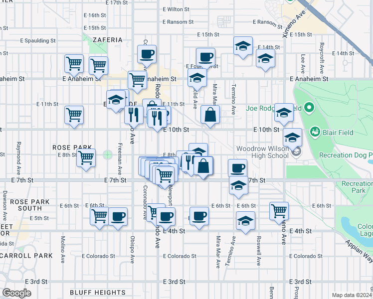 map of restaurants, bars, coffee shops, grocery stores, and more near 820 Loma Avenue in Long Beach