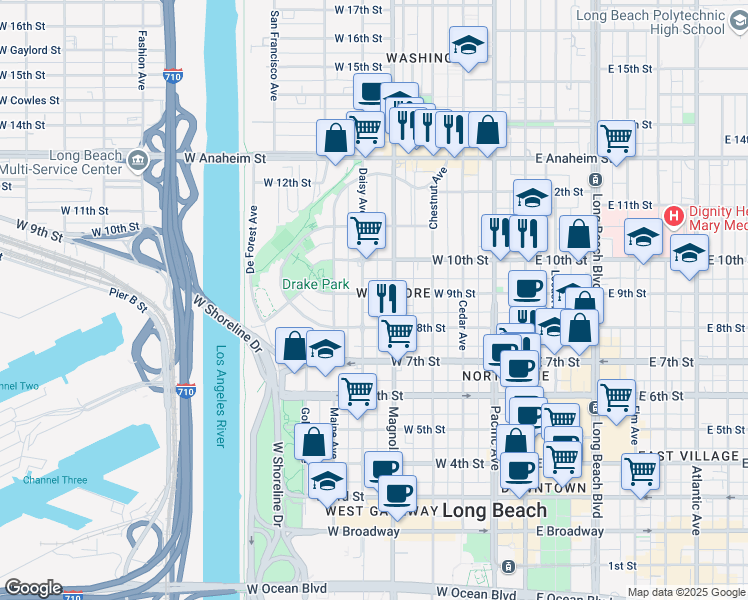 map of restaurants, bars, coffee shops, grocery stores, and more near 530 West 9th Street in Long Beach