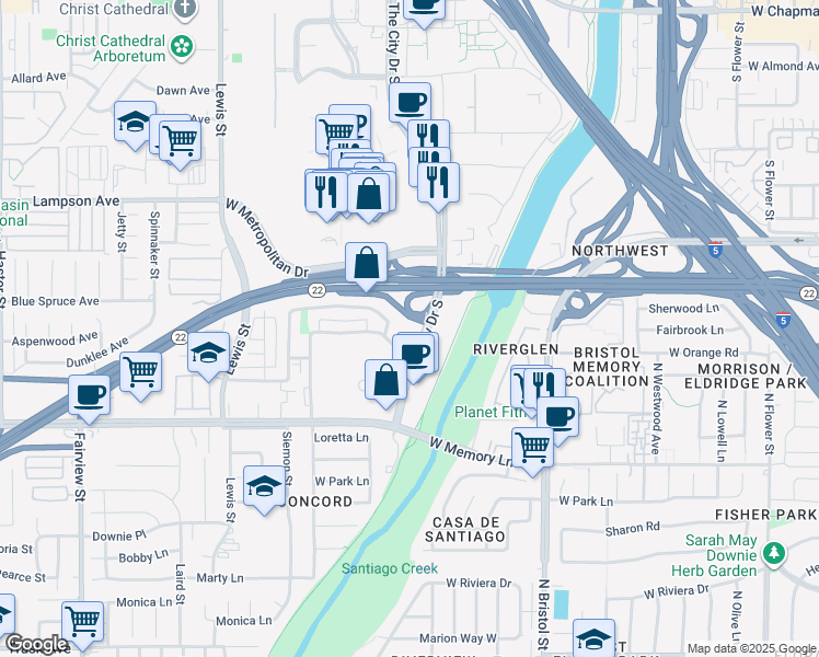 map of restaurants, bars, coffee shops, grocery stores, and more near 630 The City Drive South in Orange