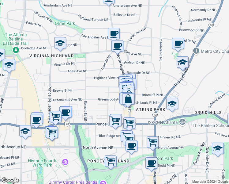 map of restaurants, bars, coffee shops, grocery stores, and more near 841 Frederica Street Northeast in Atlanta