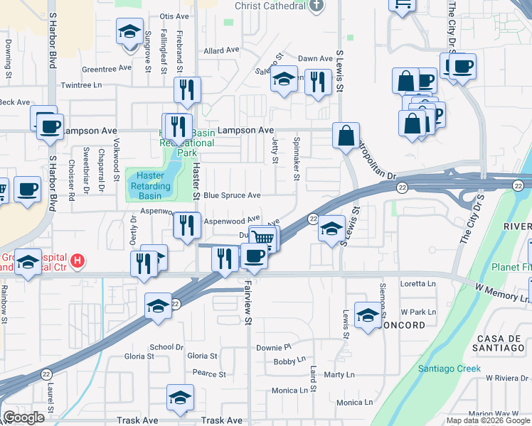 map of restaurants, bars, coffee shops, grocery stores, and more near 12772 Arletta Circle in Garden Grove