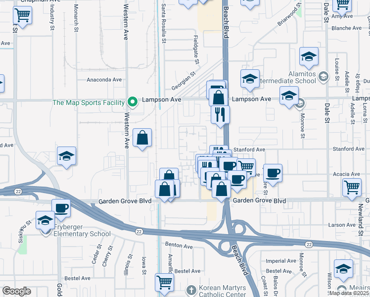 map of restaurants, bars, coffee shops, grocery stores, and more near 7720 Elmdale Way in Stanton