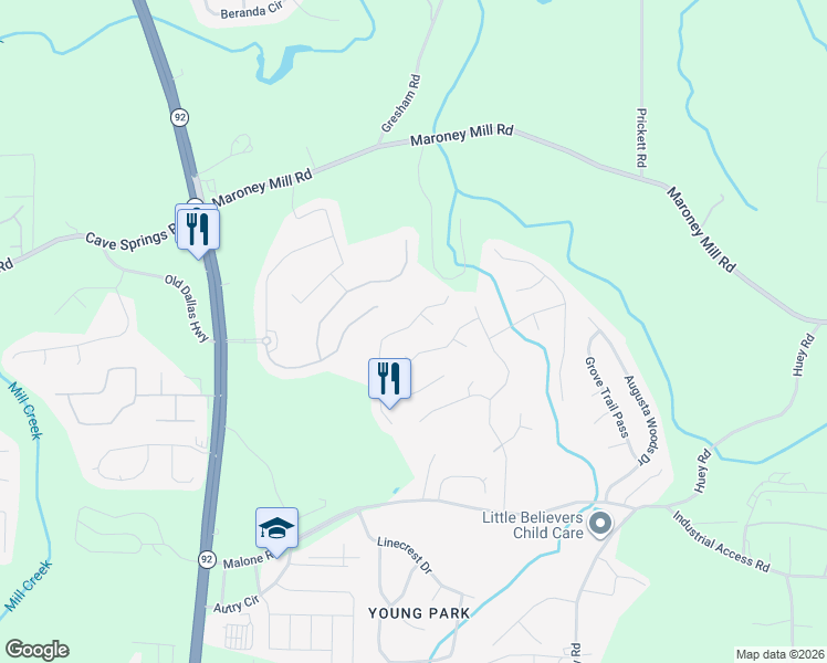 map of restaurants, bars, coffee shops, grocery stores, and more near 7316 Essex Drive in Douglasville