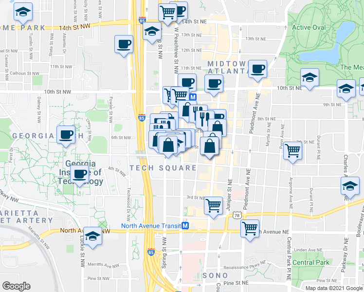 map of restaurants, bars, coffee shops, grocery stores, and more near West Peachtree Street Northwest & 6th Street Northeast in Atlanta