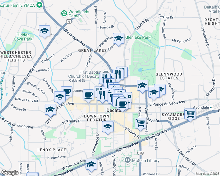 map of restaurants, bars, coffee shops, grocery stores, and more near 130 Clairemont Avenue in Decatur