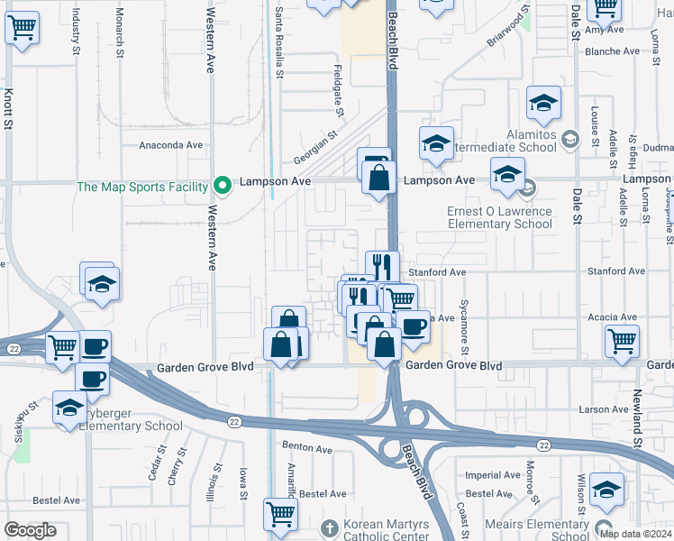 map of restaurants, bars, coffee shops, grocery stores, and more near 12655 Glendale Circle in Stanton