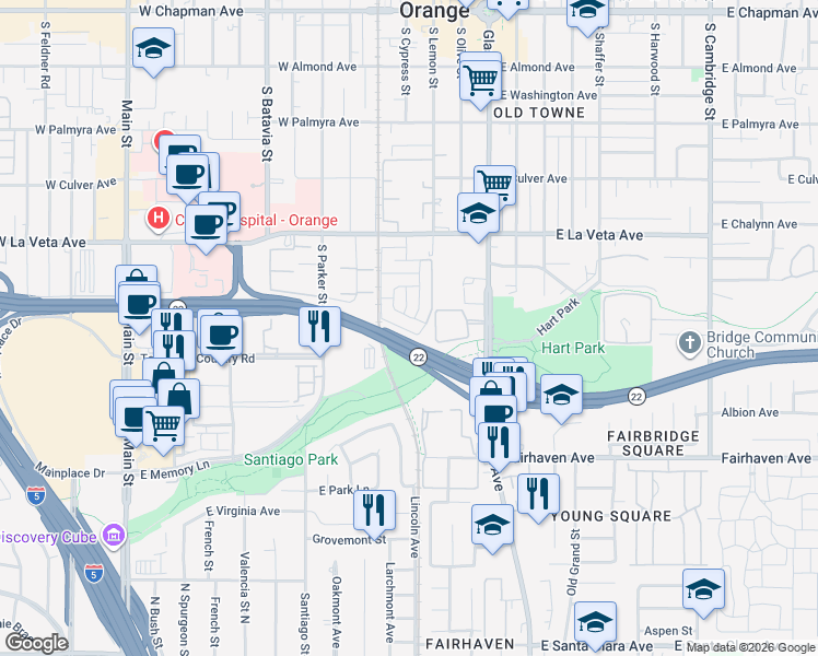 map of restaurants, bars, coffee shops, grocery stores, and more near 340 West Fairway Drive in Orange