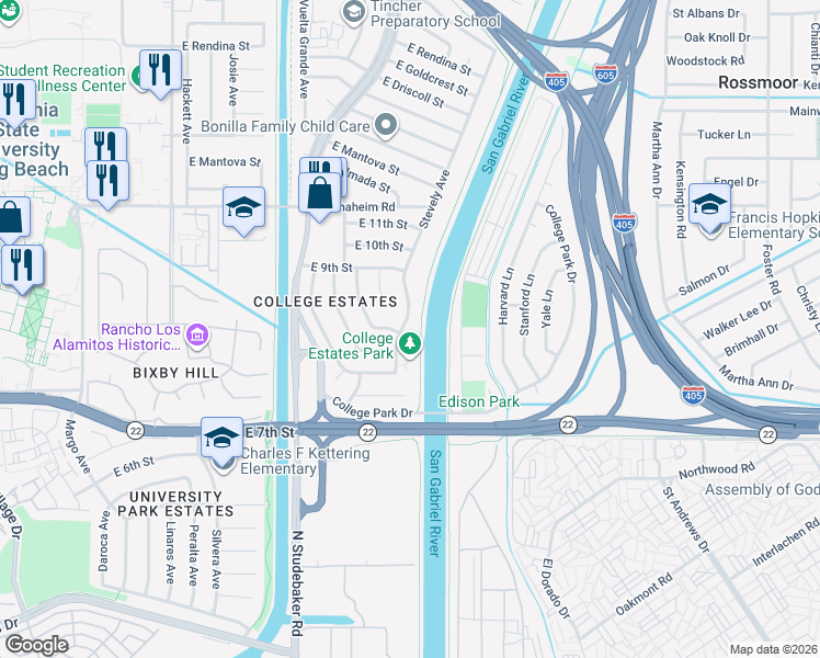 map of restaurants, bars, coffee shops, grocery stores, and more near 808 Stevely Avenue in Long Beach