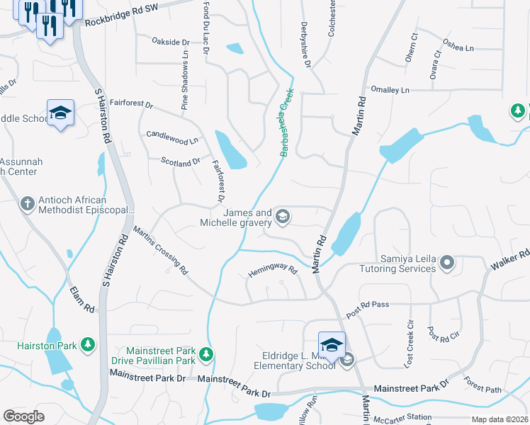 map of restaurants, bars, coffee shops, grocery stores, and more near 5078 Galbraith Circle in Stone Mountain
