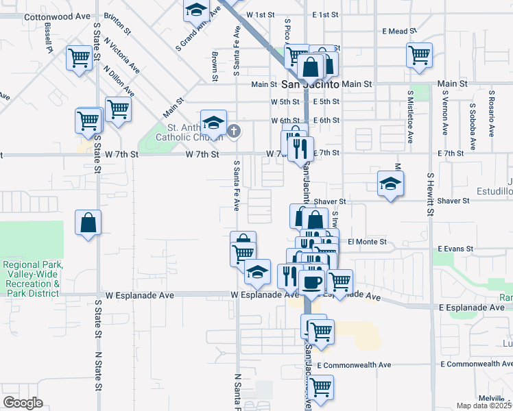 map of restaurants, bars, coffee shops, grocery stores, and more near 1015 South Santa Fe Avenue in San Jacinto