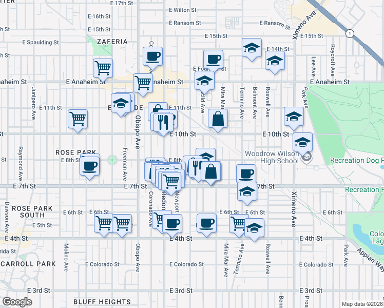 map of restaurants, bars, coffee shops, grocery stores, and more near 820 Loma Avenue in Long Beach
