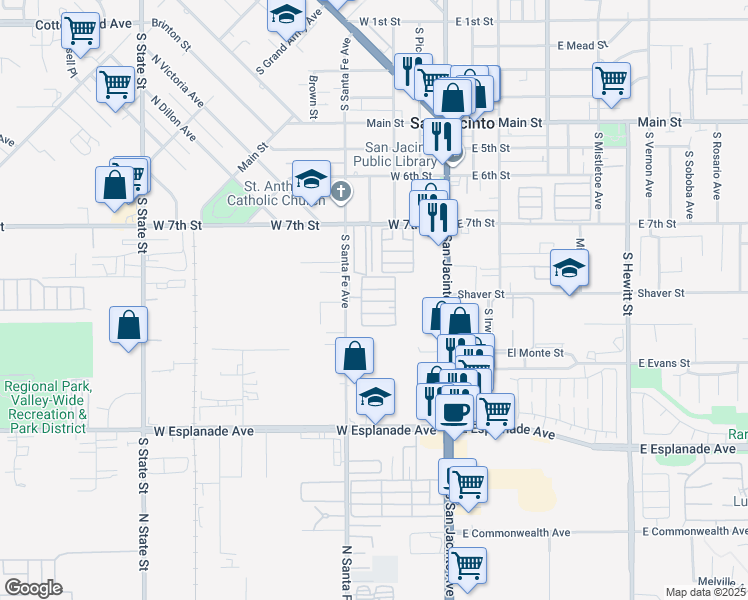 map of restaurants, bars, coffee shops, grocery stores, and more near 999 South Santa Fe Avenue in San Jacinto