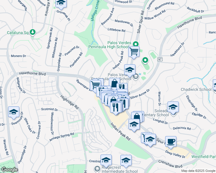 map of restaurants, bars, coffee shops, grocery stores, and more near 5431 Eau Claire Drive in Rancho Palos Verdes