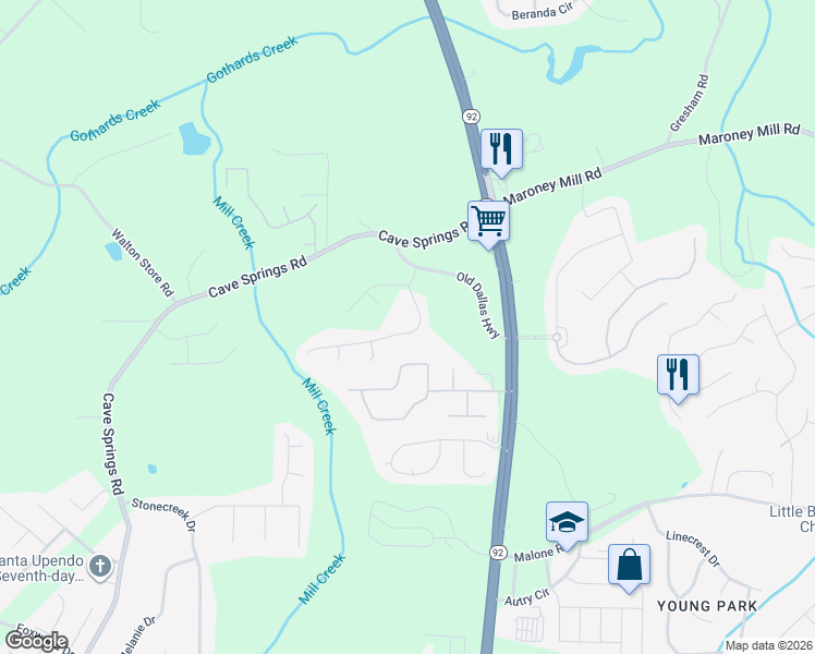 map of restaurants, bars, coffee shops, grocery stores, and more near 7331 Bramble Oak Drive in Douglasville