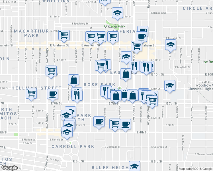 map of restaurants, bars, coffee shops, grocery stores, and more near 820 Temple Avenue in Long Beach