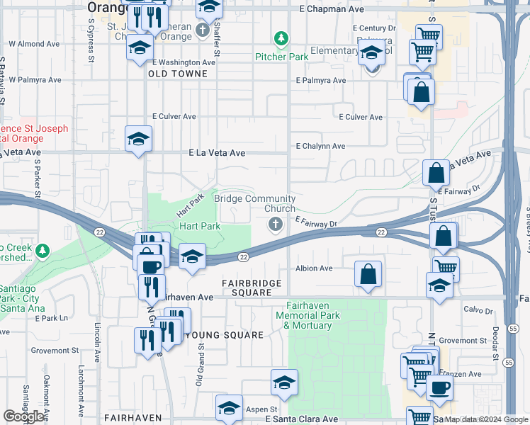 map of restaurants, bars, coffee shops, grocery stores, and more near 731 East Fairway Drive in Orange