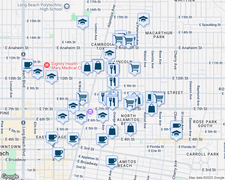 map of restaurants, bars, coffee shops, grocery stores, and more near in Long Beach