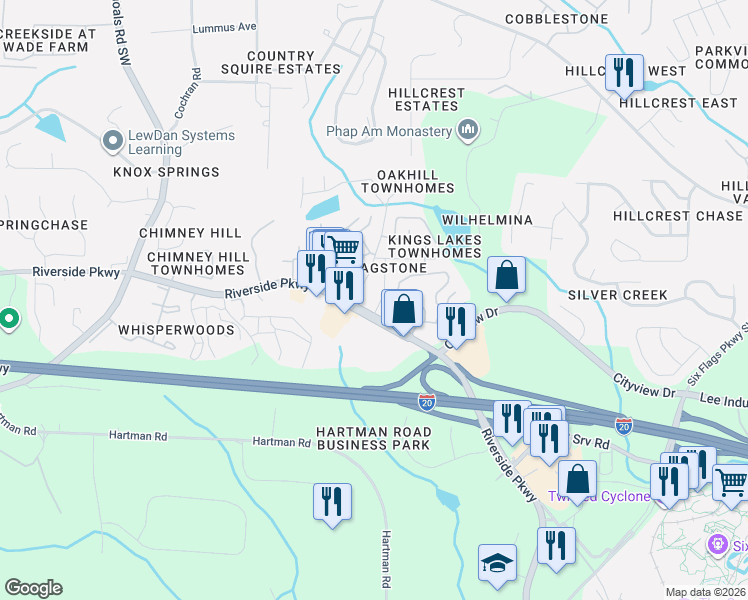 map of restaurants, bars, coffee shops, grocery stores, and more near 351 6 Flags Drive in Austell