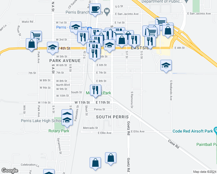 map of restaurants, bars, coffee shops, grocery stores, and more near 190 East 9th Street in Perris