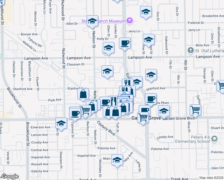 map of restaurants, bars, coffee shops, grocery stores, and more near 10872 Stanford Avenue in Garden Grove