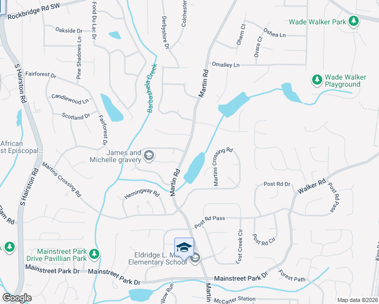 map of restaurants, bars, coffee shops, grocery stores, and more near 696 Martin Road in Stone Mountain
