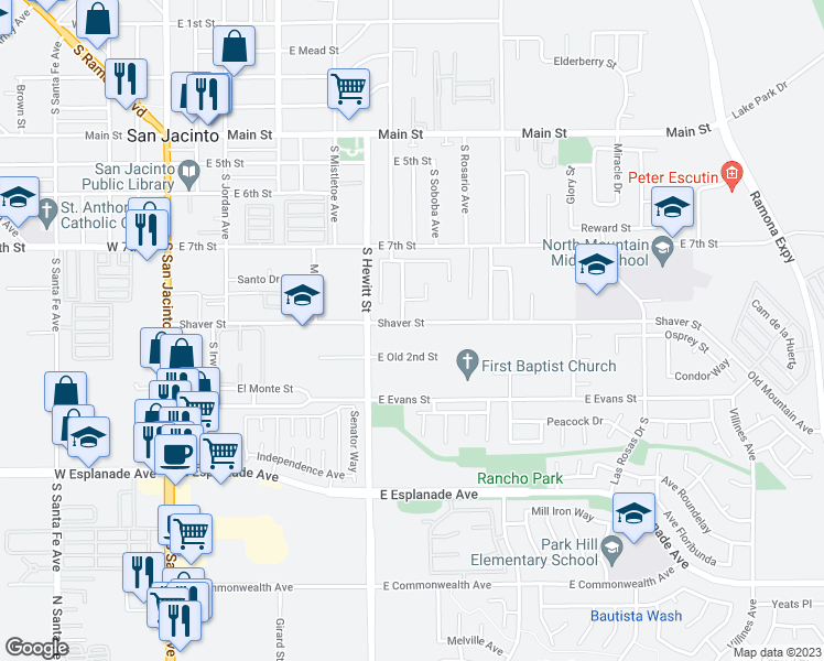 map of restaurants, bars, coffee shops, grocery stores, and more near 640 East Shaver Street in San Jacinto