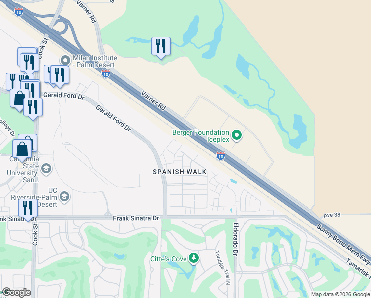 map of restaurants, bars, coffee shops, grocery stores, and more near 116 Paseo Bravo in Palm Desert