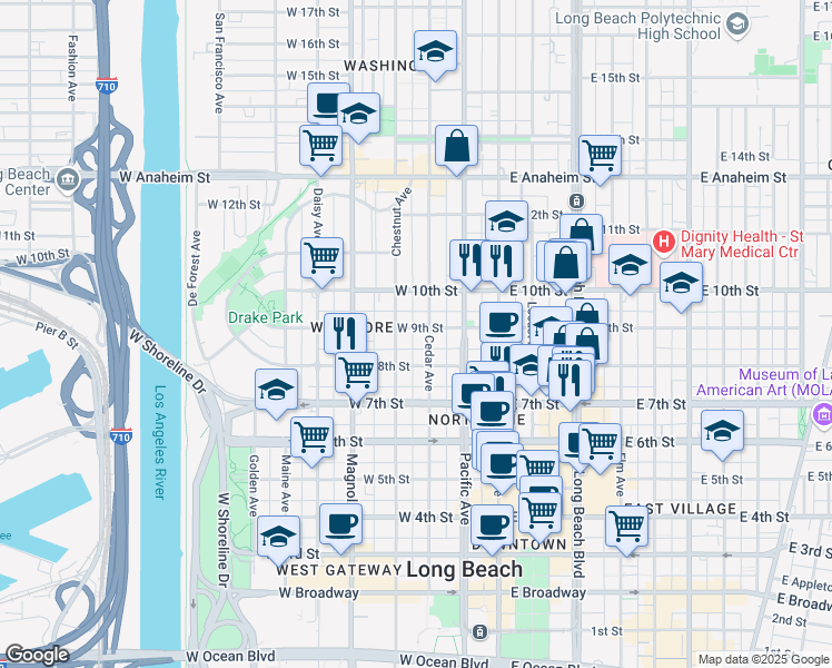 map of restaurants, bars, coffee shops, grocery stores, and more near 320 West 9th Street in Long Beach