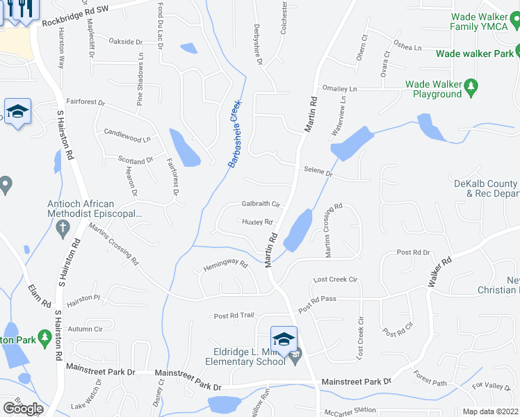 map of restaurants, bars, coffee shops, grocery stores, and more near 5151 Galbraith Circle in Stone Mountain