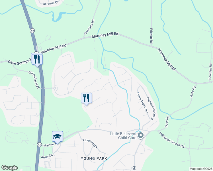 map of restaurants, bars, coffee shops, grocery stores, and more near 6319 Hillview Lane in Douglasville