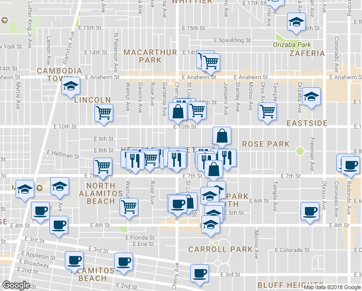 map of restaurants, bars, coffee shops, grocery stores, and more near in Long Beach