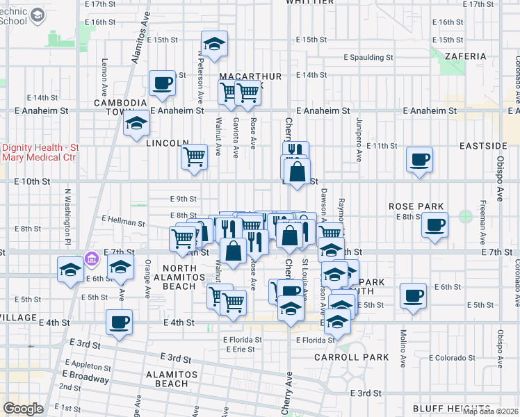 map of restaurants, bars, coffee shops, grocery stores, and more near 800 Rose Avenue in Long Beach