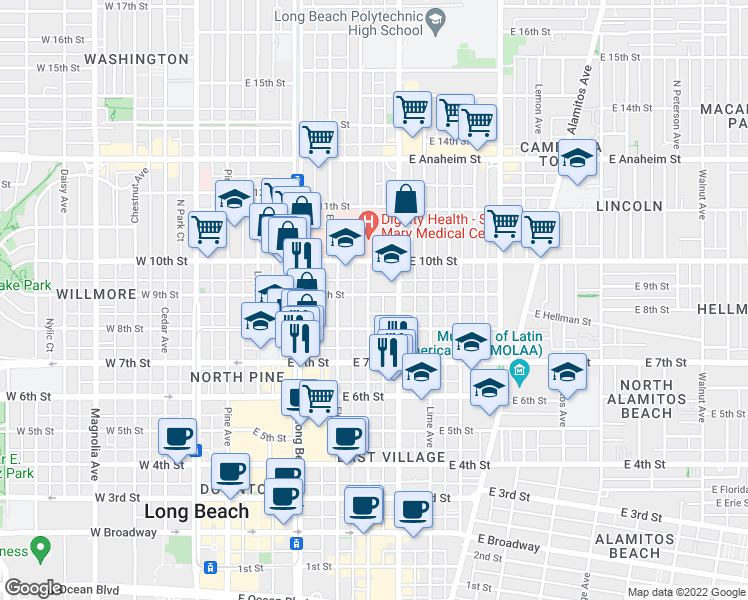map of restaurants, bars, coffee shops, grocery stores, and more near 888 Linden Avenue in Long Beach