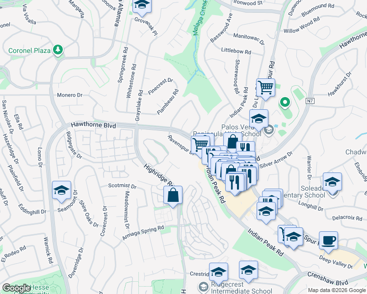 map of restaurants, bars, coffee shops, grocery stores, and more near 5700 Ravenspur Drive in Rancho Palos Verdes