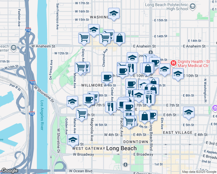 map of restaurants, bars, coffee shops, grocery stores, and more near 320 West 9th Street in Long Beach