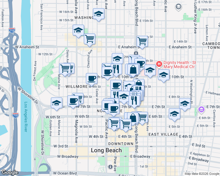 map of restaurants, bars, coffee shops, grocery stores, and more near 801 Pine Avenue in Long Beach