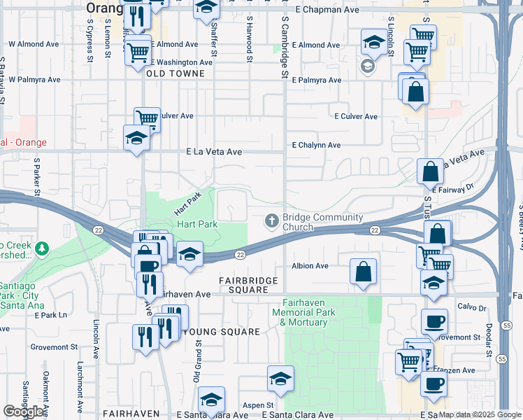 map of restaurants, bars, coffee shops, grocery stores, and more near 736 East Fairway Drive in Orange
