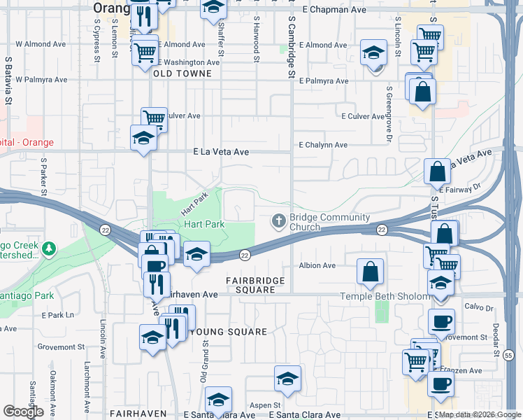 map of restaurants, bars, coffee shops, grocery stores, and more near 736 East Fairway Drive in Orange