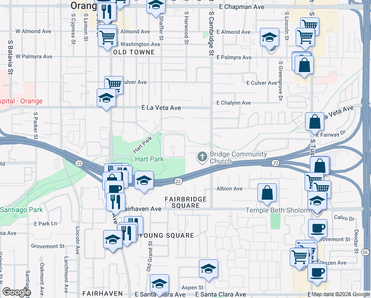 map of restaurants, bars, coffee shops, grocery stores, and more near 736 East Fairway Drive in Orange