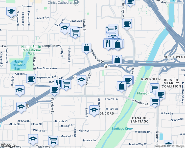 map of restaurants, bars, coffee shops, grocery stores, and more near 763 South Fondren Street in Orange